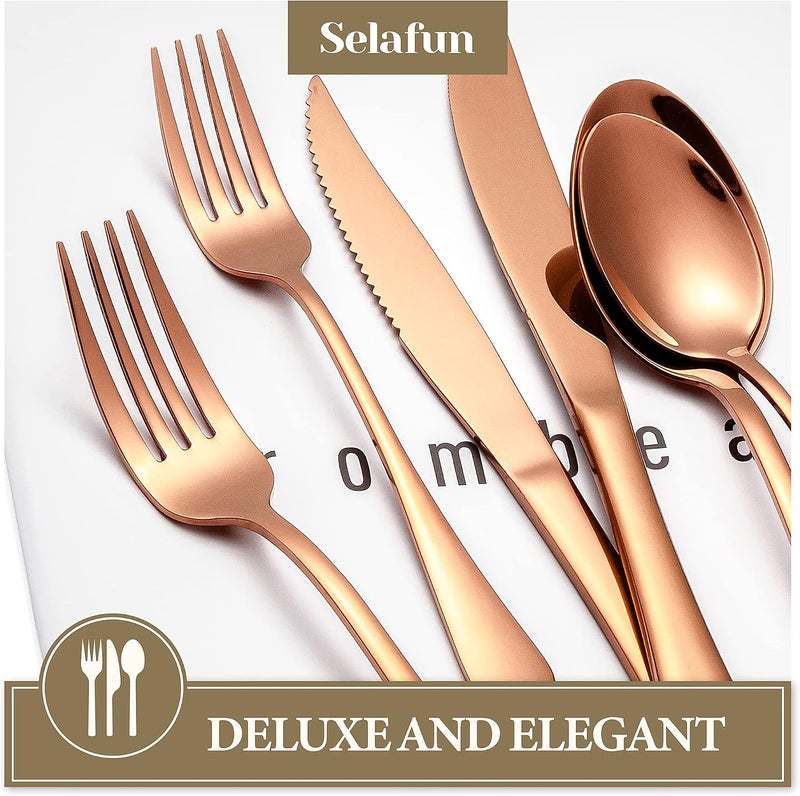Selafun طقم أدوات مائدة من الذهب الوردي مكون من 48 قطعة. طقم أدوات مائدة من الفولاذ المقاوم للصدأ مع سكاكين ستيك. طقم أدوات مائدة للمنزل والمطعم. مجموعة أدوات المطبخ لـ 8 أشخاص. آمنة للاستخدام في غسالة الأطباق (ذهب وردي، 48) - Image 5