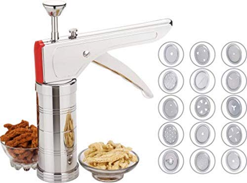 SKYUNION Stainless Steel Kitchen Press for Noodles and Snacks Sev Grater Cookies Maker with 15 Interchangeable Blades Silver - Image 4