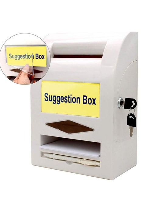 Suggestion Box, Donation Box, Post Box, Comment Box, Lock and Pen for Wall or Countertop, 6 Replaceable Labels