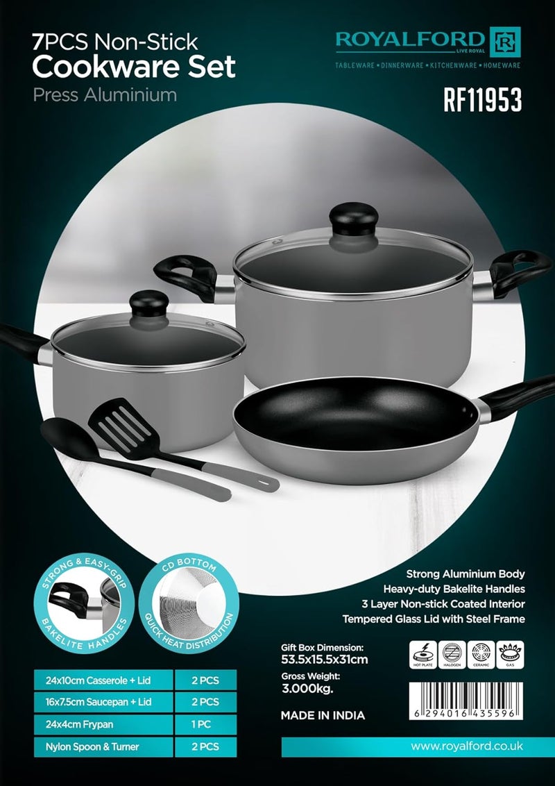 Royalford 7-Piece Non-Stick  Press Aluminum Cookware Set Grey Aluminum Body With 3-Layer Non-Stick Coating Grey - Image 2