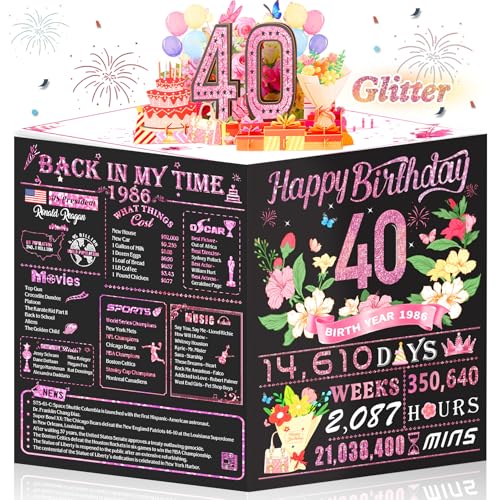 OLOSONG 40th Birthday Card for Women,Jumbo Pop Up 40th Birthday Cards for Her Friend,Back In 1986 Happy 40 Year Old Birthday Decorations for Wife Daughter Mom Funny Birthday Gifts,Rose Gold - Image 1