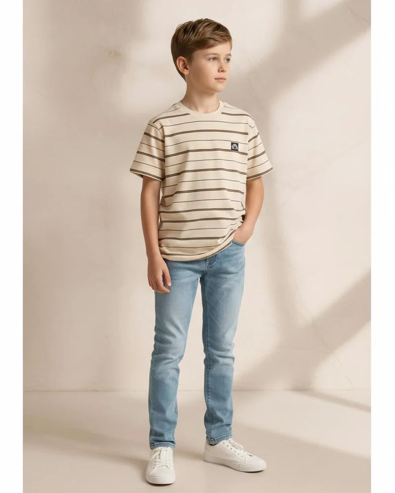 Redtag Boys Cream Striped T-Shirt