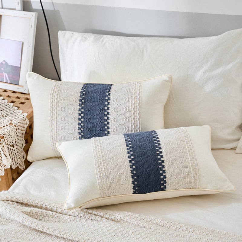 Mayler Yee Throw Pillow Covers مجموعة من 2 لغرفة المعيشة بوهو ناعمة القطن والكتان Macrame Lumbar Lumpar Cases لأريكة أريكة الأريكة مزرعة ديكور المنزل (Beige & Blue 12x20 بوصة) - Image 4