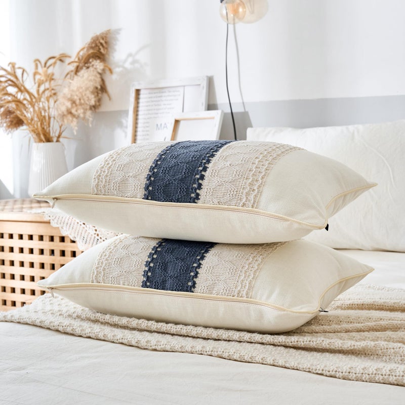 Mayler Yee Throw Pillow Covers مجموعة من 2 لغرفة المعيشة بوهو ناعمة القطن والكتان Macrame Lumbar Lumpar Cases لأريكة أريكة الأريكة مزرعة ديكور المنزل (Beige & Blue 12x20 بوصة) - Image 3