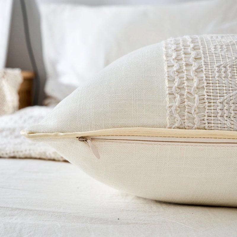 Mayler Yee Throw Pillow Covers مجموعة من 2 لغرفة المعيشة بوهو ناعمة القطن والكتان Macrame Lumbar Lumpar Cases لأريكة أريكة الأريكة مزرعة ديكور المنزل (Beige & Blue 12x20 بوصة) - Image 5