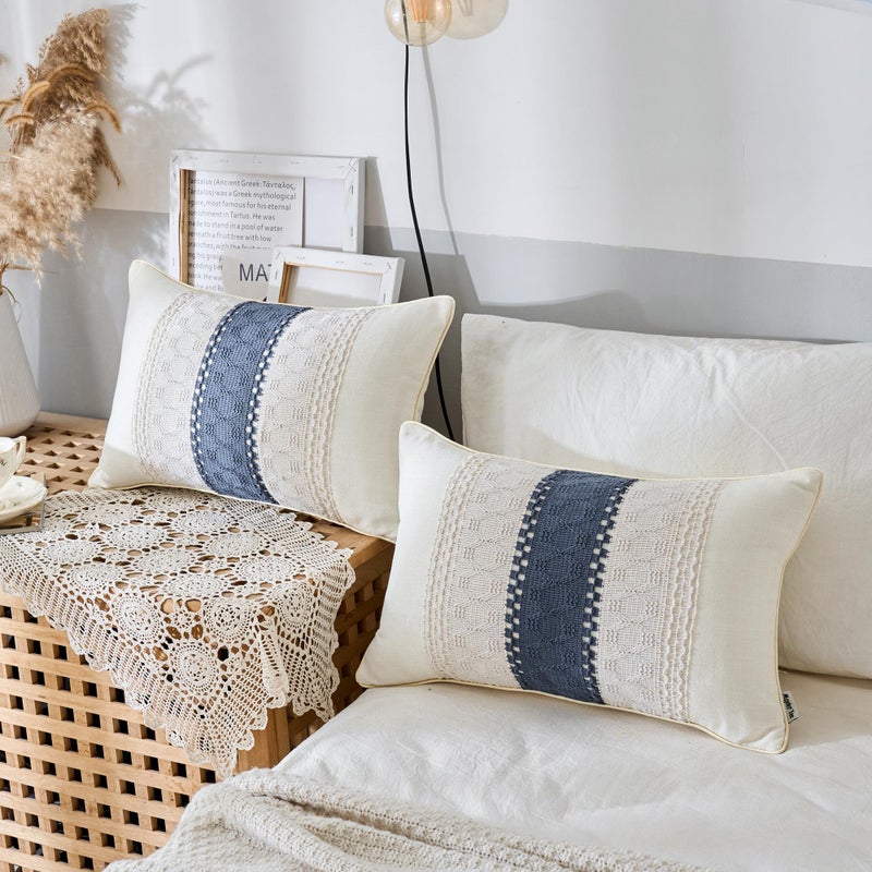 Mayler Yee Throw Pillow Covers مجموعة من 2 لغرفة المعيشة بوهو ناعمة القطن والكتان Macrame Lumbar Lumpar Cases لأريكة أريكة الأريكة مزرعة ديكور المنزل (Beige & Blue 12x20 بوصة) - Image 1