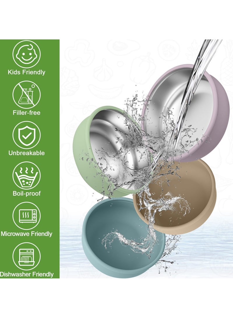 كي واي دي أطباق تغذية الأطفال الصغار: 4 أوعية من الفولاذ المقاوم للصدأ مع مقاومة الامتصاص للانسكاب، مقاومة للحرارة 100 ٪ من السيليكون ذو الدرجة الغذائية (خالية من BPA)، فرن ميكروويف وغسالة أطباق آمنة - Image 4