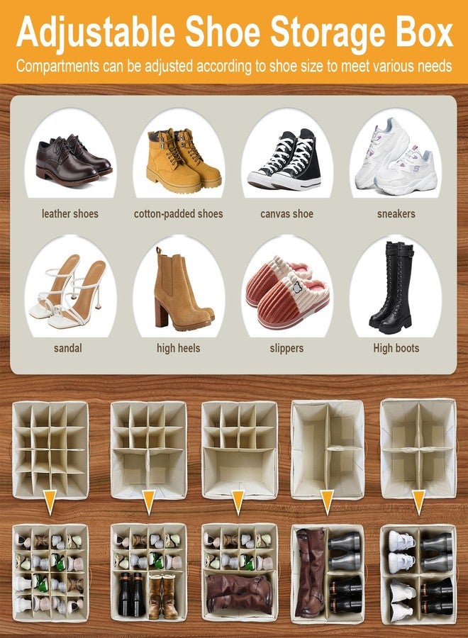 VERONLY 2 Pack Large Shoe Organizer for Closet, Adjustable Dividers Shoe Storage Bins Boxes, Foldable Shoe Holder Cube Containers with Clear Cover for Men’s Shoes, High Heel,Sneaker,Slippers,Boots(Beige) - Image 2