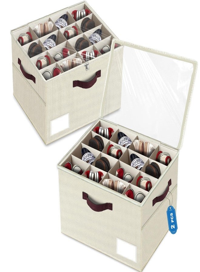 VERONLY 2 Pack Large Shoe Organizer for Closet, Adjustable Dividers Shoe Storage Bins Boxes, Foldable Shoe Holder Cube Containers with Clear Cover for Men’s Shoes, High Heel,Sneaker,Slippers,Boots(Beige) - Image 1