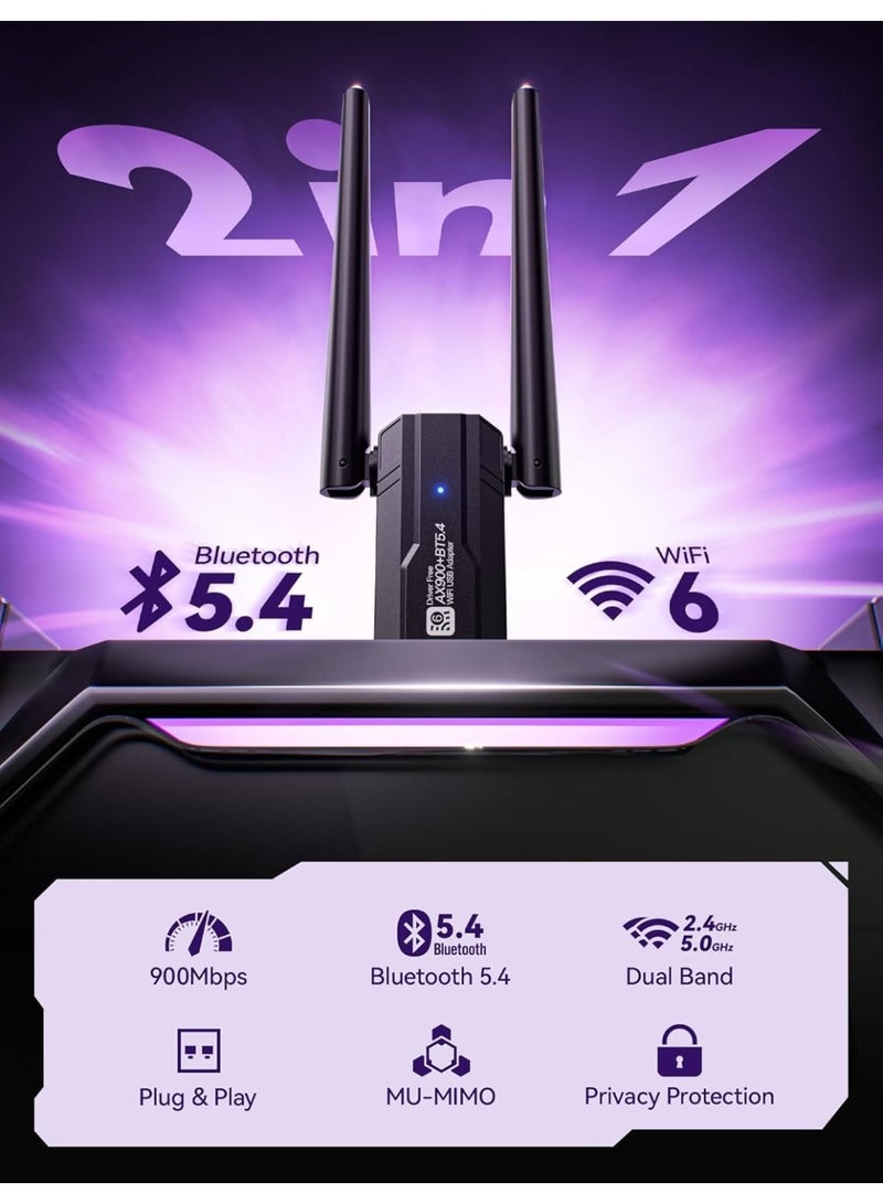 Aura Select AX900 WiFi Adapter, USB WiFi 6 Adapter with Bluetooth 5.4 Dual Band 2.4/5GHz, Wireless Network Adapter with 5dBi Antenna for Desktop/Laptop, WPA3 - Image 2