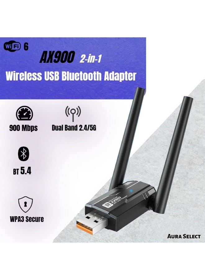 Aura Select USB WiFi 6 Bluetooth Adapter - 900Mbps Dual Band 2.4/5GHz, Wireless Network Adapter with 5dBi Antenna for PC/Desktop/Laptop, Windows 10/11 - Image 1