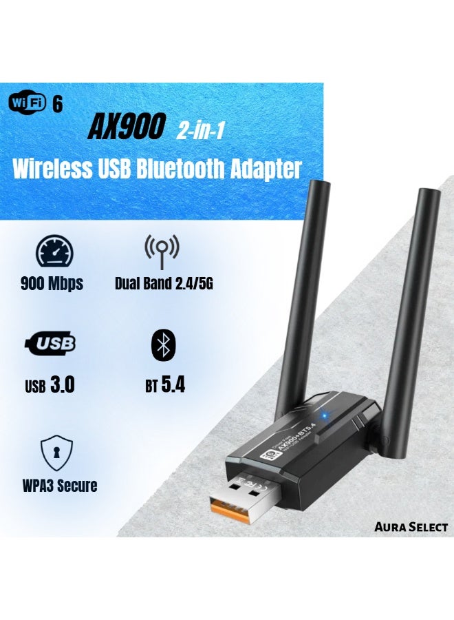  أورا سيليكت محول USB WiFi 6 وبلوتوث - 900 ميجابت في الثانية، نطاق مزدوج 2.4/5 جيجاهرتز، محول شبكة لاسلكية مزود بهوائي 5 ديبي للكمبيوتر الشخصي/الكمبيوتر المكتبي/الكمبيوتر المحمول، Windows 10/11 - Image 1