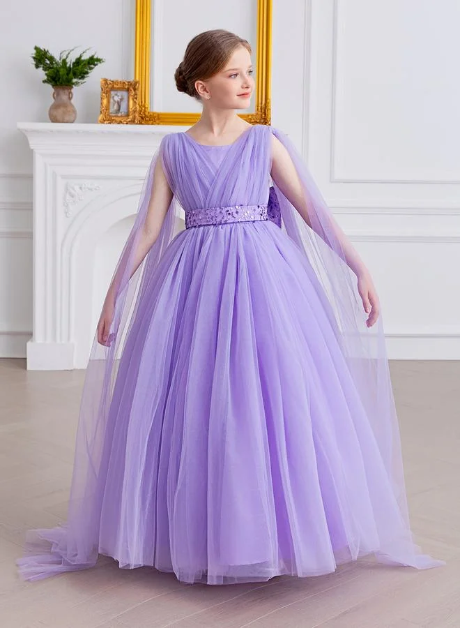 تايك تو فستان حفلات بتفاصيل شبكية ومزين بفيونكة للبنات