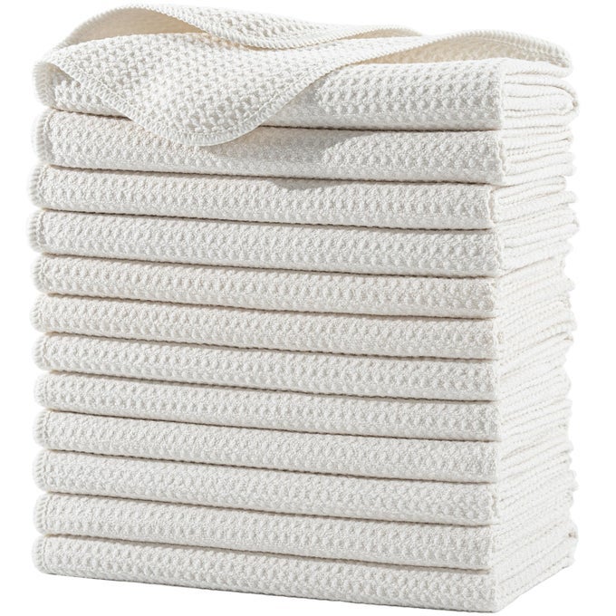 PREMIUM MICROFIBER KITCHEN DISH HAND TOWEL WAFFLE WEAVE 12 PACK 16X28 IN OFF WHITE