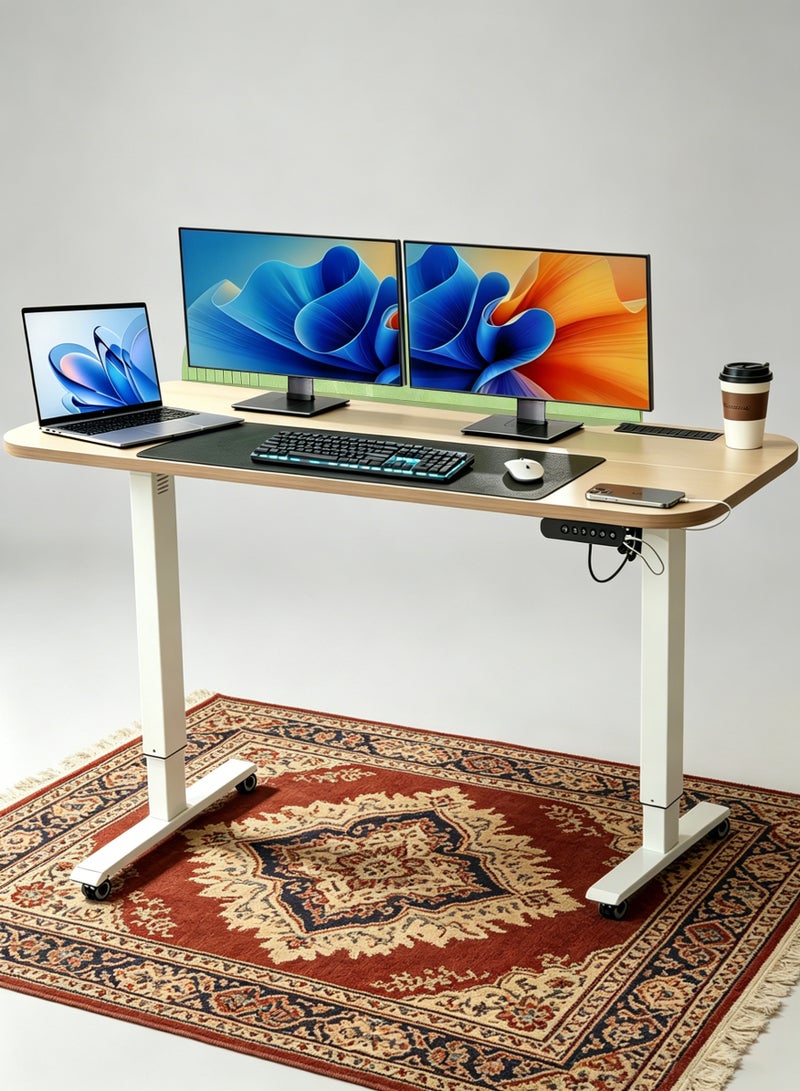MWS-ForCamping Smart Electric Standing Desk, 120x60cm, Wood Grain Colour Solid Wood Top with Height Memory & 20W Fast Charging, Quiet Motor, Privacy Screen and Built-in Outlets for Home Office - Image 1