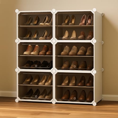 Zemic Plastic Shoe Rack for Home | 𝟔-𝐃𝐨𝐨𝐫_𝟏𝟐-𝐒𝐡𝐞𝐥𝐟 Shoe Organizer with Doors 𝐌𝐚𝐠𝐧𝐞𝐭𝐬 for Heels, Boots, Slippers Chappal Sandal Shoe Stand | DIY Multiuse 𝐖𝐡𝐢𝐭𝐞 Storage Rack - Image 1