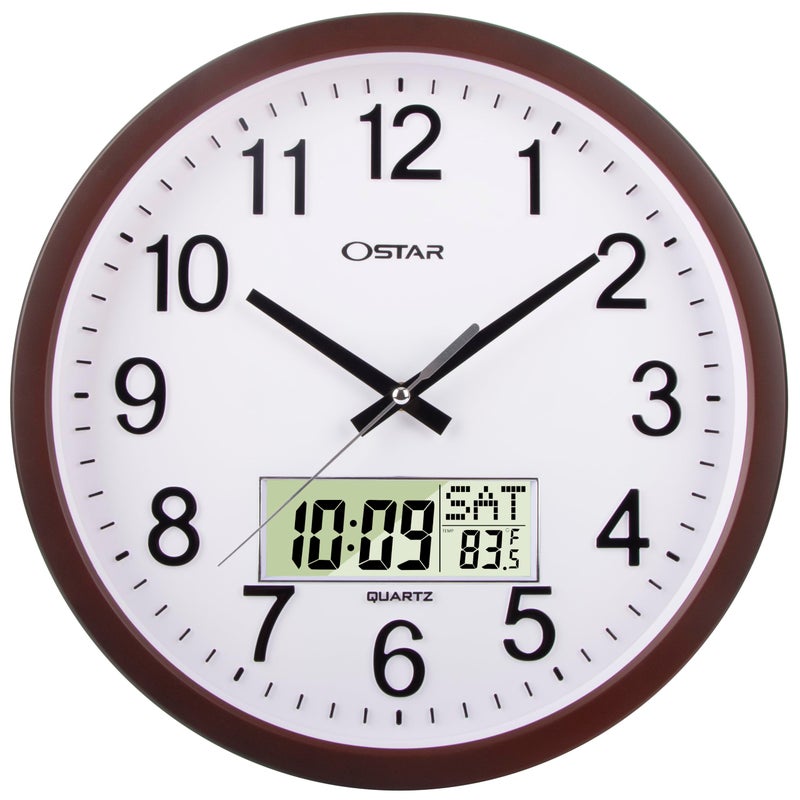 OSTAR 14 Large Analog Digital Display Wall Clock Silent NonTicking Day of The Week Temperature Battery Operated Clock for Living Room Bedroom Kitchen
