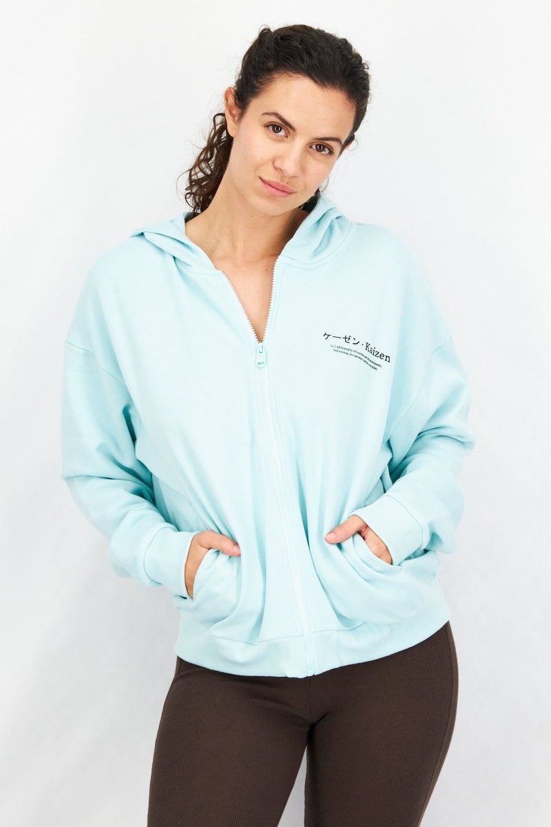 Ocean Pacific Women Hooded Neck Graphic Full Zip Sweatshirt, Pastel Turquoise - Image 1