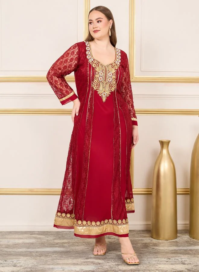Maxim Creation Thread Embroidered Stone Lace Detail Jalabiya by Styli
