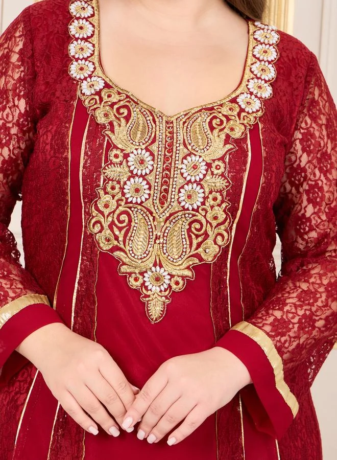 Maxim Creation Thread Embroidered Stone Lace Detail Jalabiya by Styli