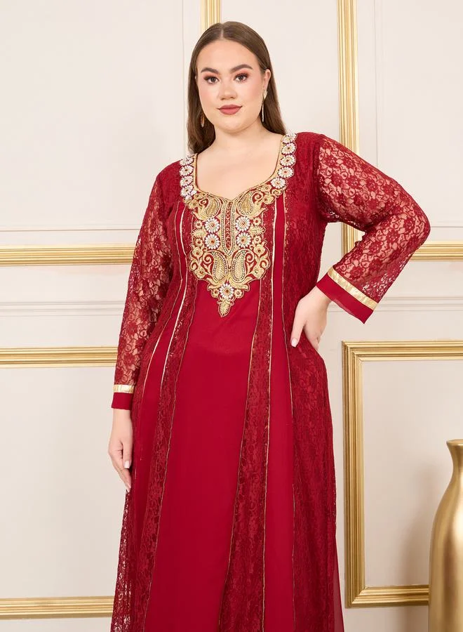 Maxim Creation Thread Embroidered Stone Lace Detail Jalabiya by Styli