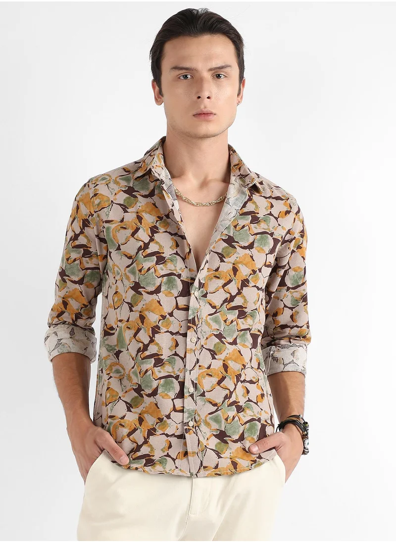 Campus Sutra Men's Beige & Green Artistic Floral Cluster Shirt