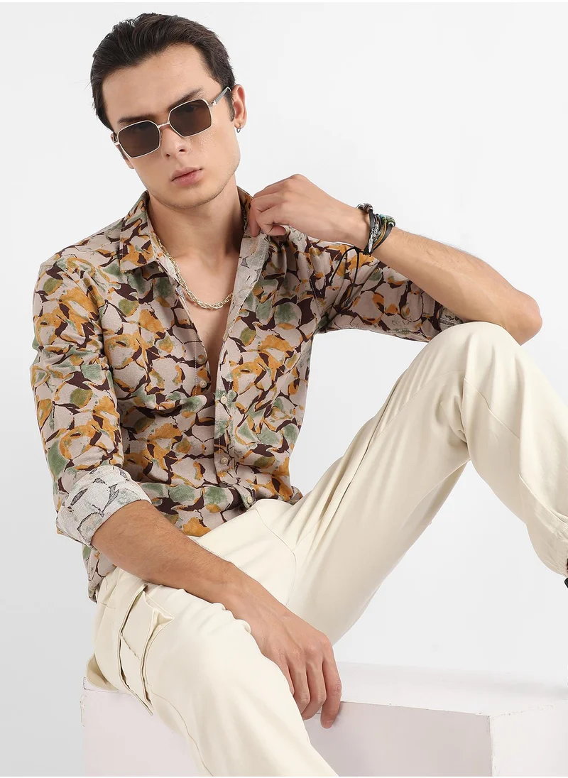 Campus Sutra Men's Beige & Green Artistic Floral Cluster Shirt