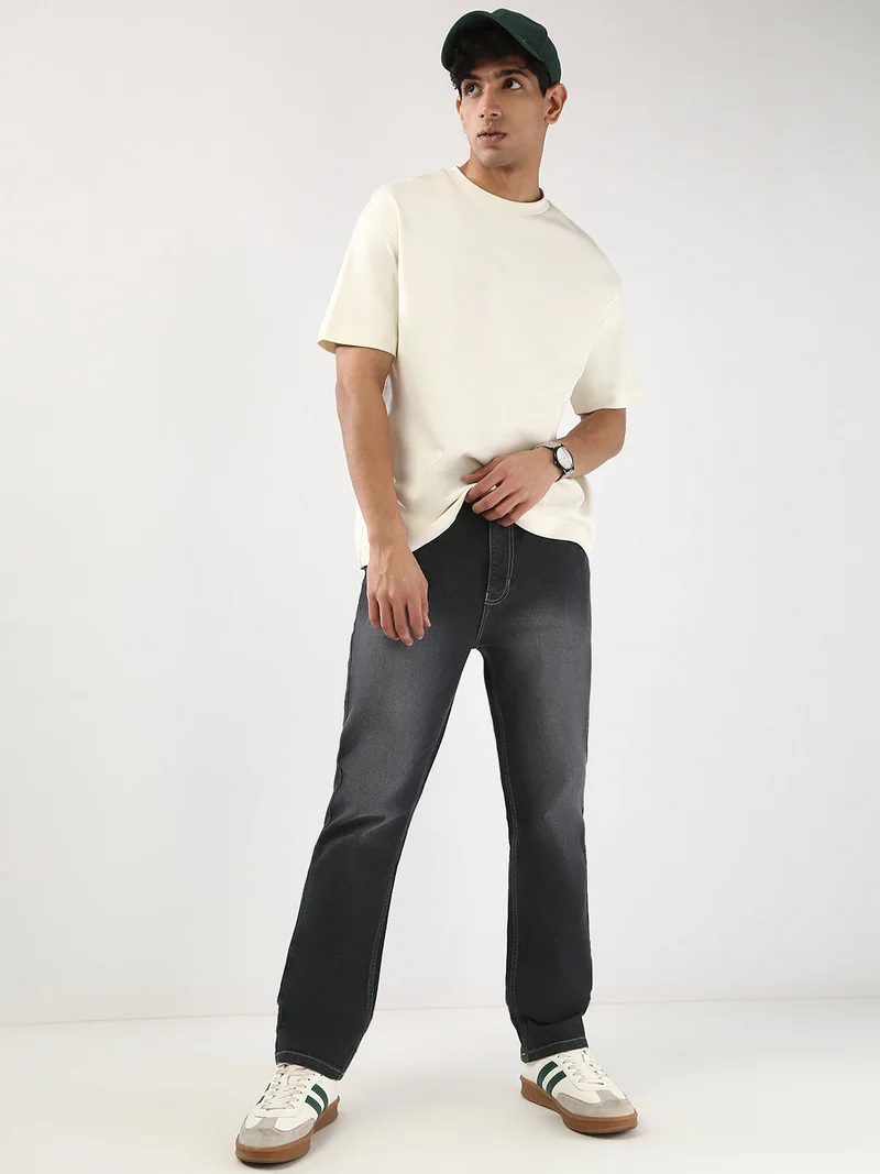 Urbano Fashion  Urbano Fashion Men's Dark Grey Straight Fit Washed Jeans Stretchable  | Best Price UAE