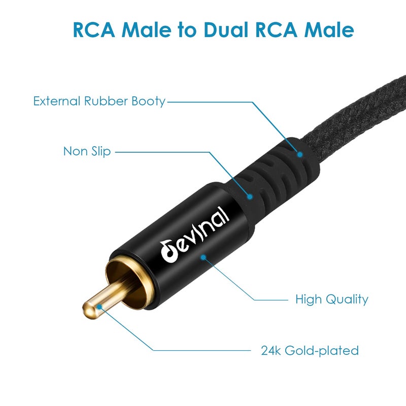 Devinal RCA Y Cable, RCA/Phono Y Splitter, RCA 1 Male to 2 Male Y Adapter, Male/Male Subwoofer Cable Gold Plated for subs/amps/Hi-Fis/Home Theater/receivers 3.3Feet/1M - Image 2
