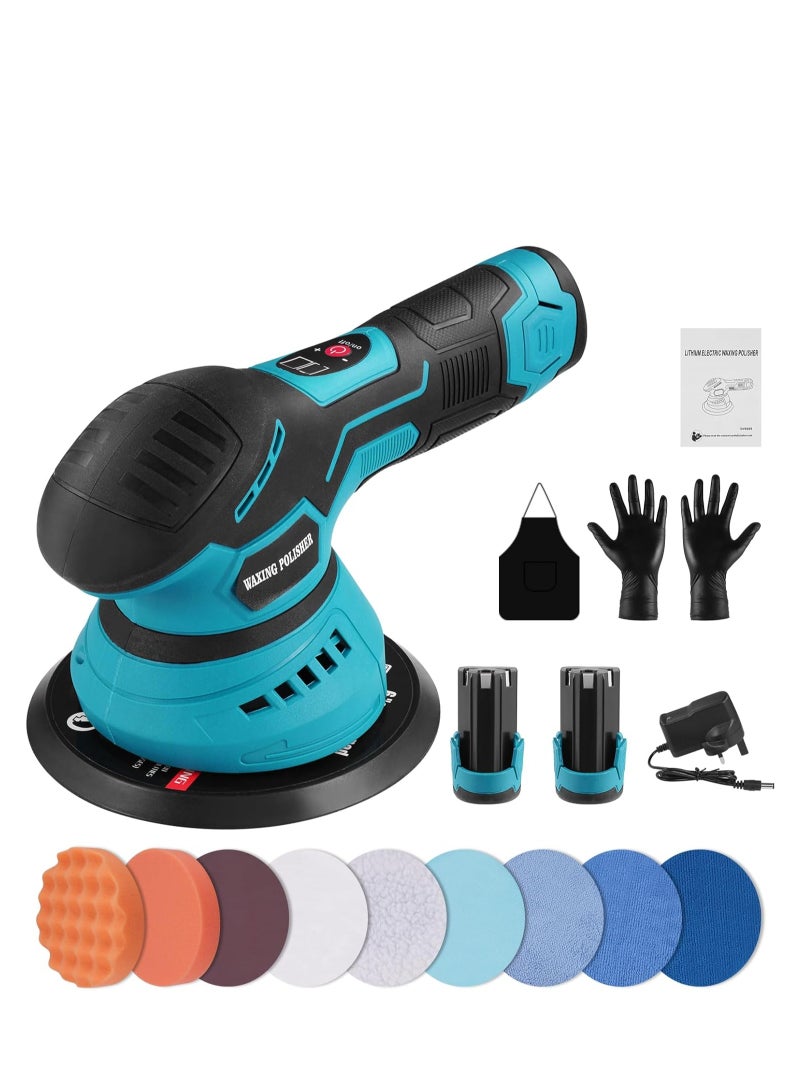 ZLH HITY مجموعة تلميع وتلميع السيارات اللاسلكية، ملمع دوار بـ 8 سرعات متغيرة، 2800-5500 دورة في الدقيقة، مع لوحة دعم 6 بوصات، بطاريتان 2000 مللي أمبير/ساعة، و14 قطعة ملحقات إضافية، ملمع مزدوج الحركة 6 بوصات - Image 1