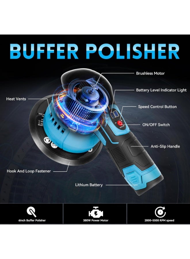 ZLH HITY مجموعة تلميع وتلميع السيارات اللاسلكية، ملمع دوار بـ 8 سرعات متغيرة، 2800-5500 دورة في الدقيقة، مع لوحة دعم 6 بوصات، بطاريتان 2000 مللي أمبير/ساعة، و14 قطعة ملحقات إضافية، ملمع مزدوج الحركة 6 بوصات - Image 2