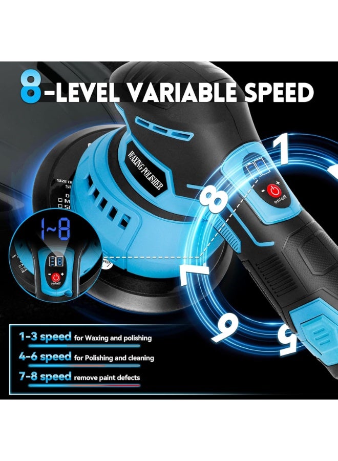 ZLH HITY مجموعة تلميع وتلميع السيارات اللاسلكية، ملمع دوار بـ 8 سرعات متغيرة، 2800-5500 دورة في الدقيقة، مع لوحة دعم 6 بوصات، بطاريتان 2000 مللي أمبير/ساعة، و14 قطعة ملحقات إضافية، ملمع مزدوج الحركة 6 بوصات - Image 3