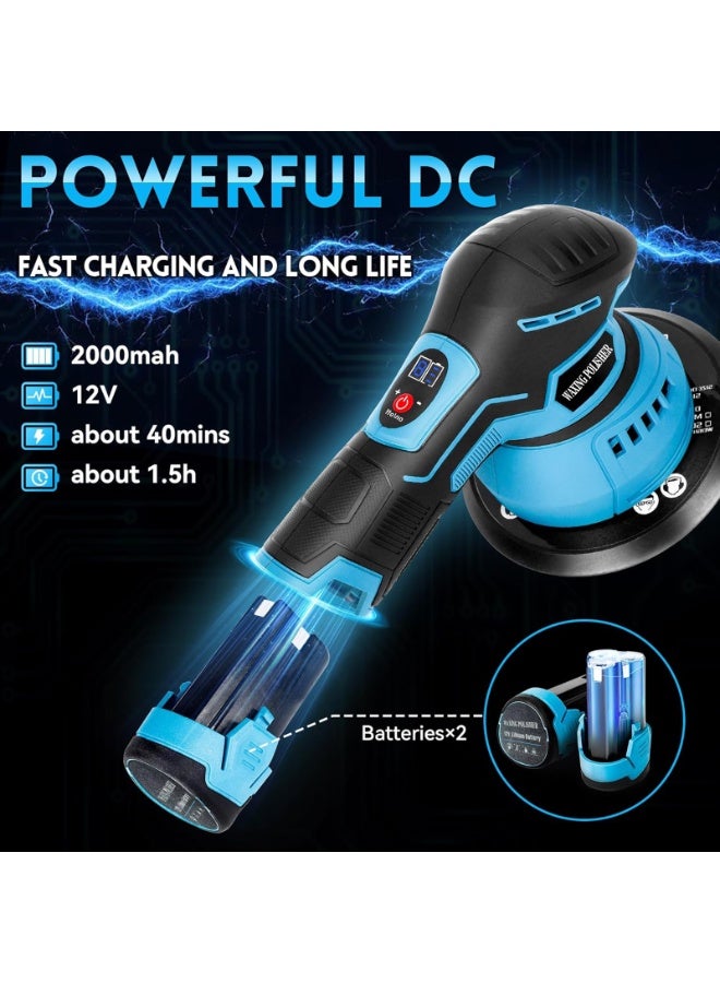 ZLH HITY مجموعة تلميع وتلميع السيارات اللاسلكية، ملمع دوار بـ 8 سرعات متغيرة، 2800-5500 دورة في الدقيقة، مع لوحة دعم 6 بوصات، بطاريتان 2000 مللي أمبير/ساعة، و14 قطعة ملحقات إضافية، ملمع مزدوج الحركة 6 بوصات - Image 4