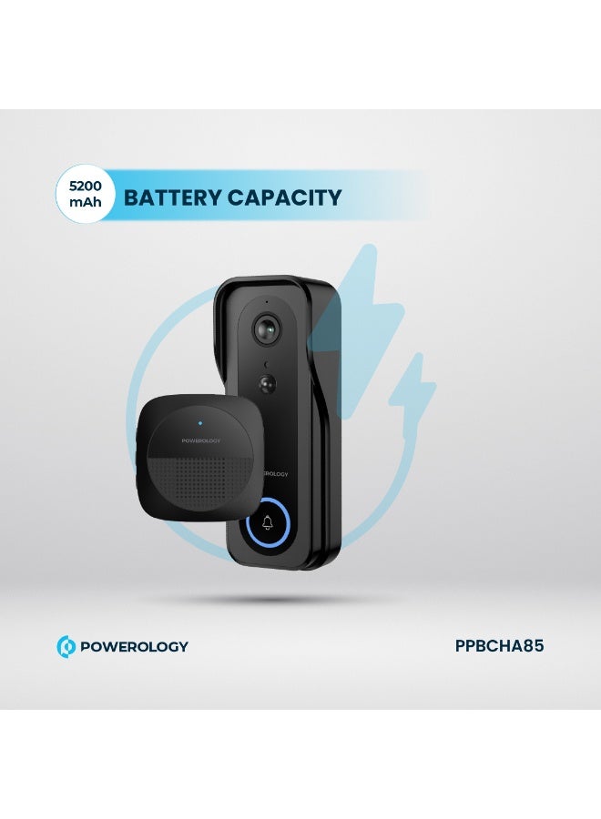 Powerology Smart Doorbell Camera 3mp with Chime Suitable for Night, Audio, Door Bell, 33 Chime, Water Resistant, 3MP Camera Safety Doorbell - Black - Image 2