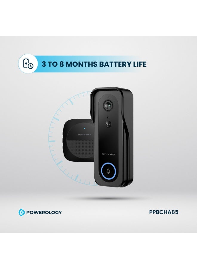 Powerology Smart Doorbell Camera 3mp with Chime Suitable for Night, Audio, Door Bell, 33 Chime, Water Resistant, 3MP Camera Safety Doorbell - Black - Image 3