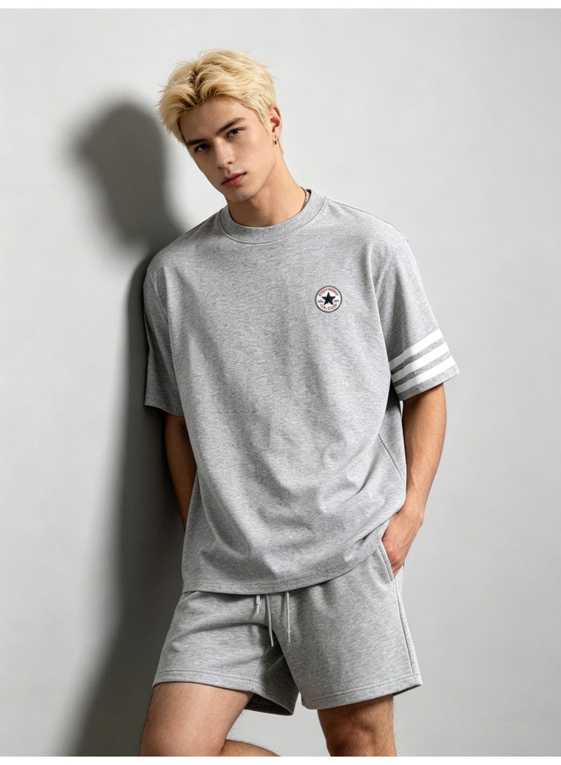 كونفرس Converse Men’s Heather Grey Crew Neck Short Sleeve Tee with Circular Star Logo & Three White Sleeve Stripes - Image 4