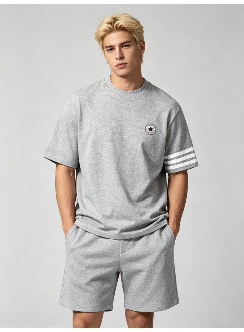 كونفرس Converse Men’s Heather Grey Crew Neck Short Sleeve Tee with Circular Star Logo & Three White Sleeve Stripes - Image 3