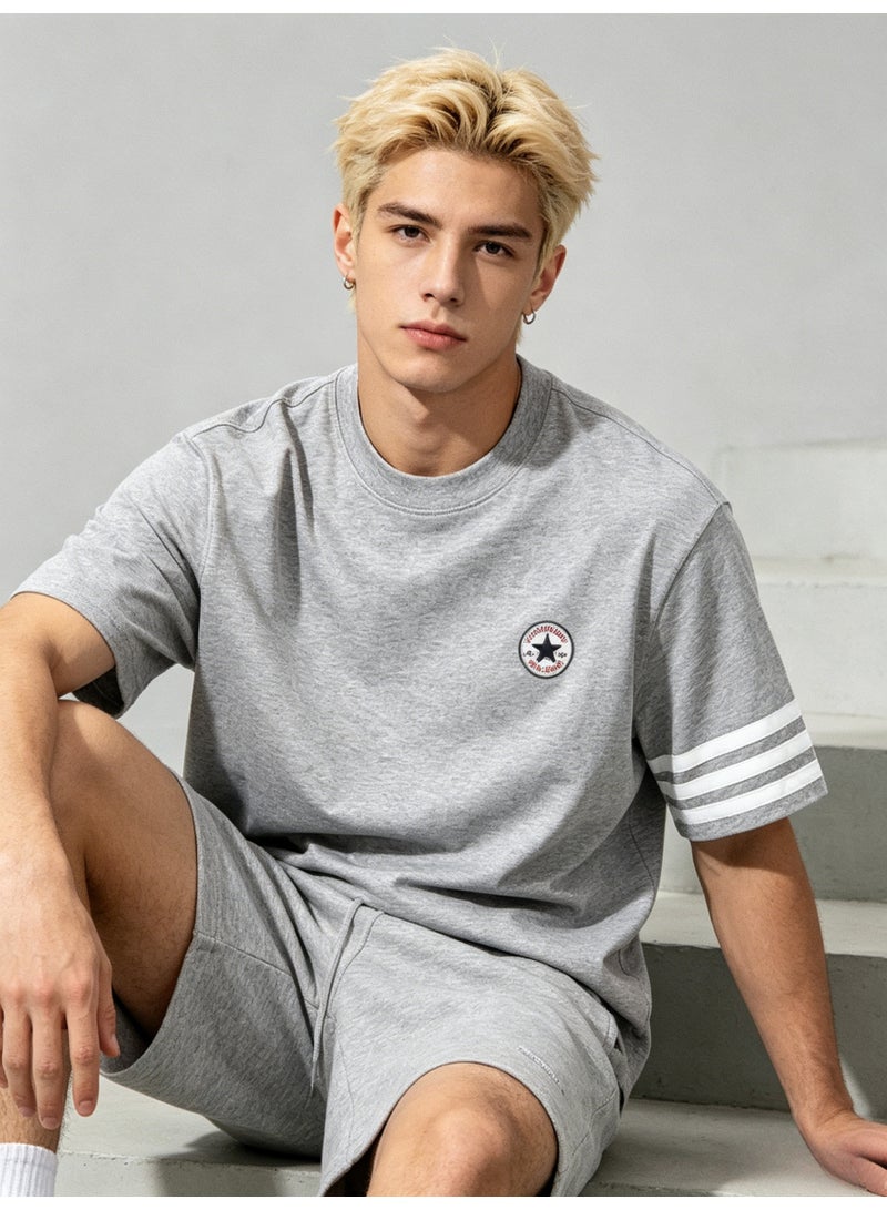 كونفرس Converse Men’s Heather Grey Crew Neck Short Sleeve Tee with Circular Star Logo & Three White Sleeve Stripes - Image 5
