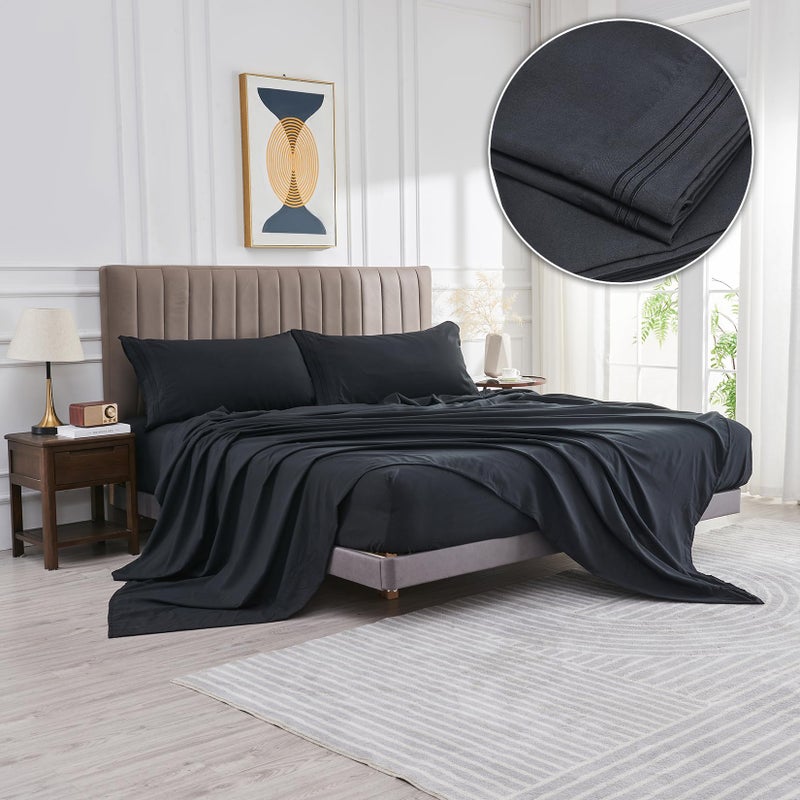 WODFAMY Microfiber Easy Fit Queen Size Bed Sheet Set Extra Soft Deep Pockets Luxury Hotel 4 Piece Set Black Bed Sheets Queen Sheets