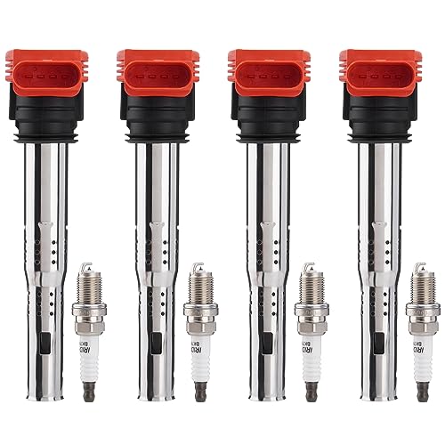 SPARKWHIZ Ignition Coil Packs UF529 & Spark Plugs Set of 4, Compatible with Volkswagen MK5 MK6 GTI Jetta Golf Passat Tiguan Audi A3 A4 A5 A6 A7 Q5 Q7 R8 S4 S5 06-16 2.0T 3.0T 2.5L 3.2L 4.2L 5.2L - Image 1