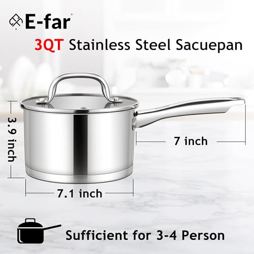 E-far Efar Stainless Steel Saucepan with Lid 3 Quart Sauce Pan Induction Pot for Cooking Boiling Compatible with All Stoves Healthy Non Toxic Oven Dishwasher Safe - Image 3