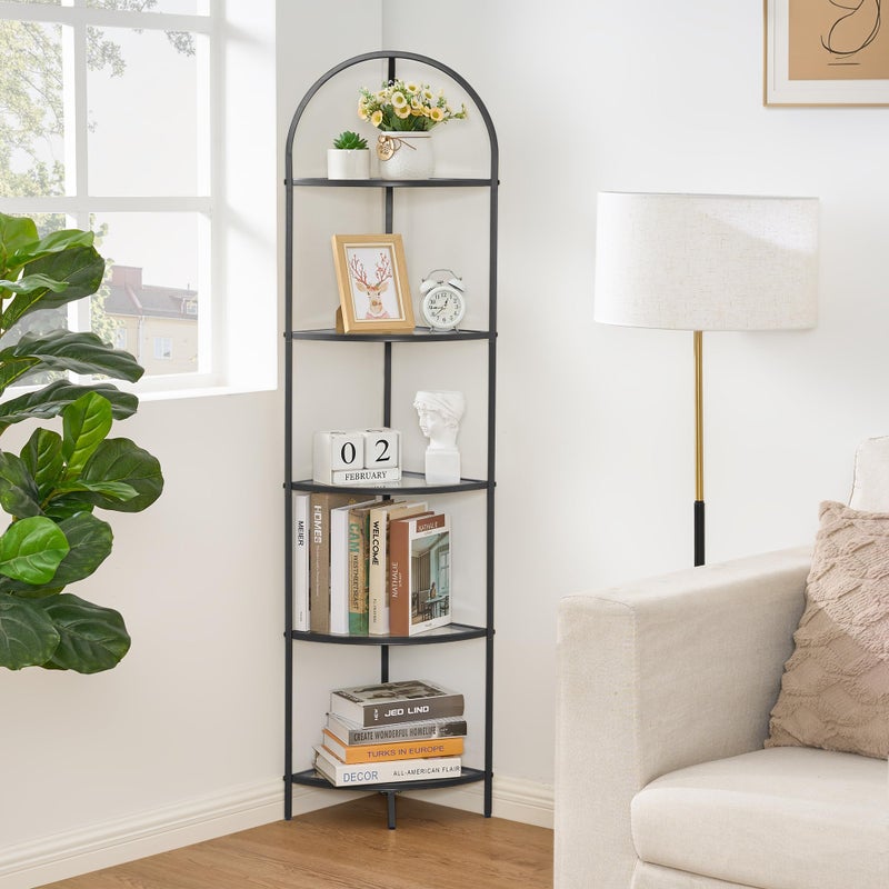 Homhedy 5Tier Corner Shelf Stand Metal Corner Bookshelf Tempered Glass Shelves Bathroom Storage Rack Shelf Plant Stand Modern Style Black
