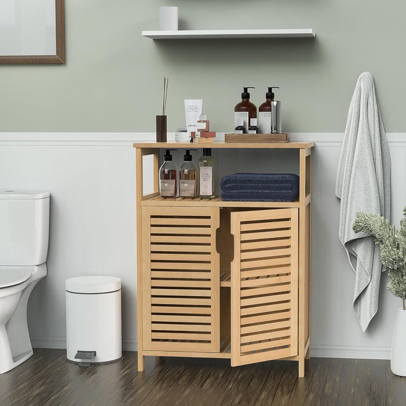 FoverOne Bamboo Bathroom Storage Cabinet with 2 Doors, Bathroom Floor Freestanding Cabinets Organizer for Living Room, Kitchen, Entryway - Image 2