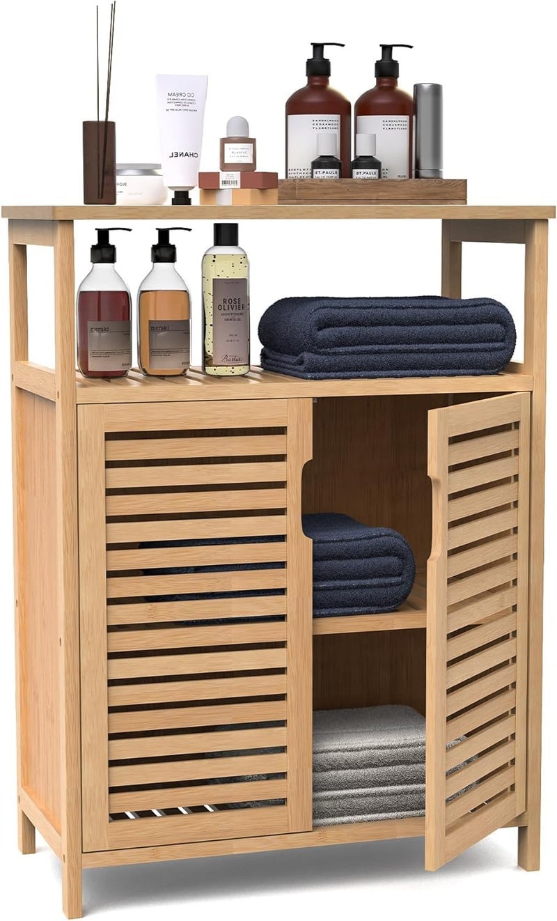 FoverOne Bamboo Bathroom Storage Cabinet with 2 Doors, Bathroom Floor Freestanding Cabinets Organizer for Living Room, Kitchen, Entryway - Image 1