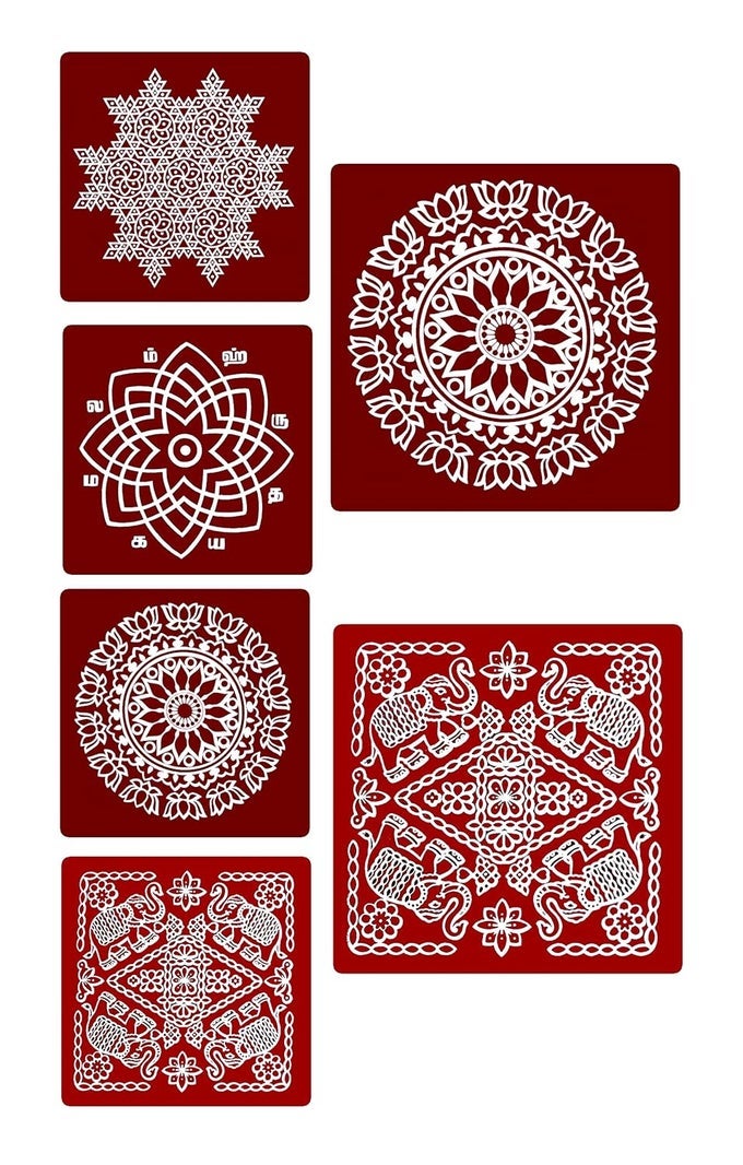 RANGOLIKOLAM STICKER TRADITIONAL HANDMADE KOLAM ARTDESIGN STICKER FOR POOJA ROOM HOME ENTRANCE TILE FLOOR MEROON MS4P MM2P SIZE10X10 7X7 INCH PACK OF 6