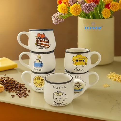 Telver Ceramic Tea Cups Set of 6 Small Coffee Chai Serving Cup Micorwave & Dishwasher Safe Gifts for Anniversary Friends Sister Birthday Special Marriage Ceremony 150Ml (White Cups With Emogy Printed) - Image 1