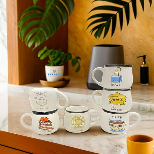 Telver Ceramic Tea Cups Set of 6 Small Coffee Chai Serving Cup Micorwave & Dishwasher Safe Gifts for Anniversary Friends Sister Birthday Special Marriage Ceremony 150Ml (White Cups With Emogy Printed) - Image 4