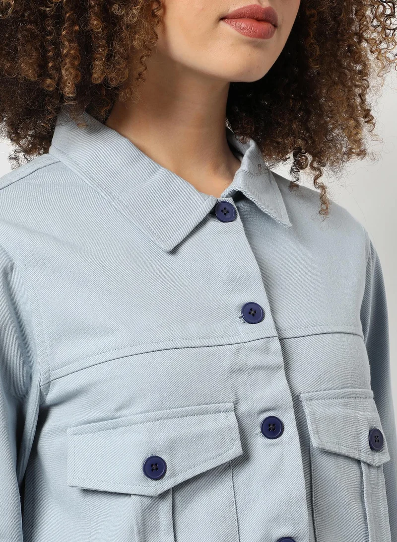 Pinacolada  Women's Light Blue Front-Button Jacket With Flap Pockets for Women | Best Price UAE