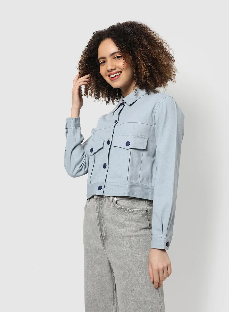 Pinacolada  Women's Light Blue Front-Button Jacket With Flap Pockets for Women | Best Price UAE