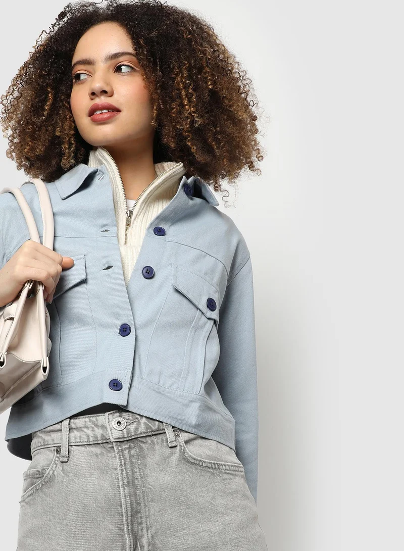 Pinacolada  Women's Light Blue Front-Button Jacket With Flap Pockets for Women | Best Price UAE